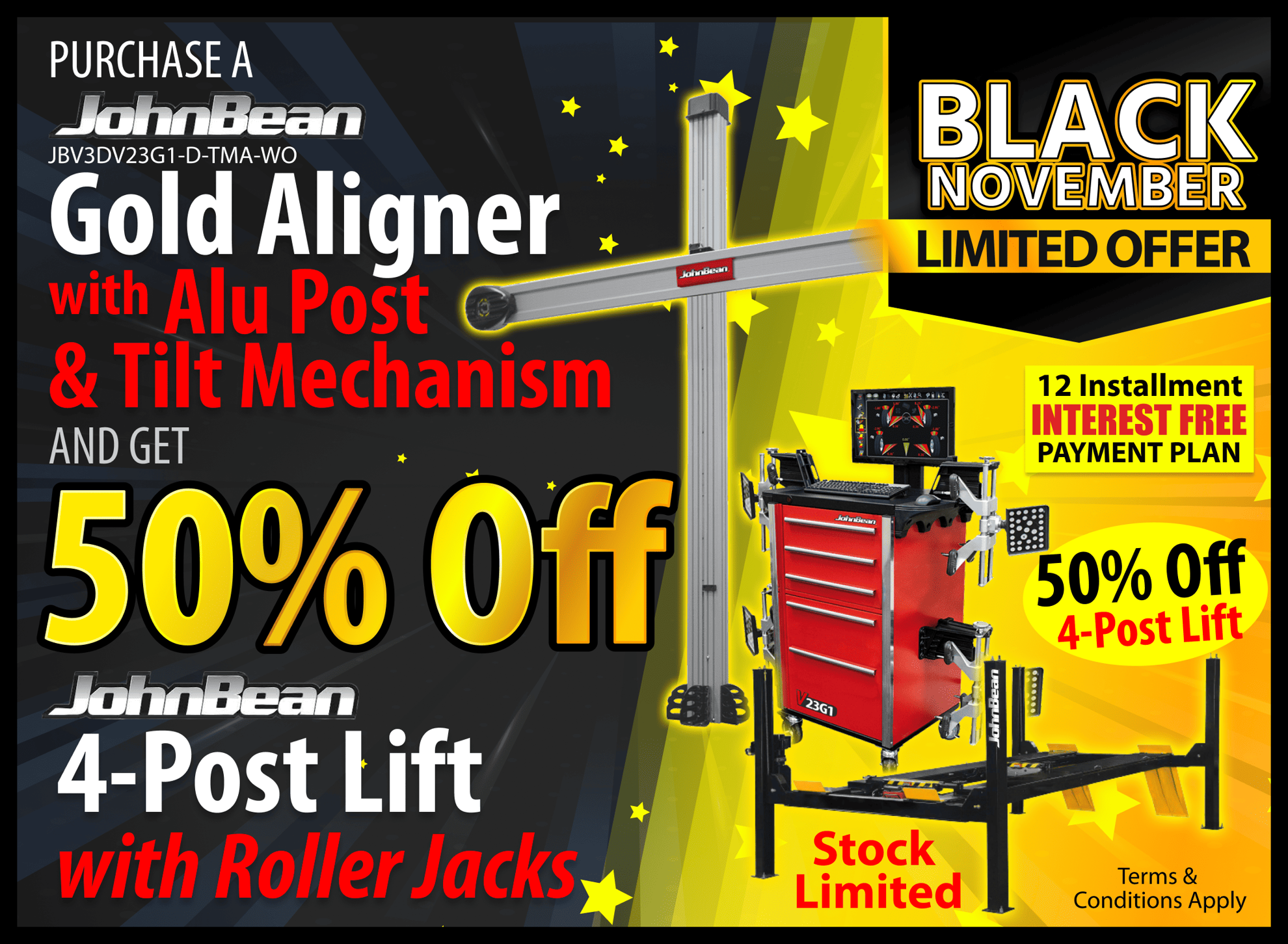 Snap-on Equipment JohnBean Gold Aligner and 4-Post Lift Black November Limited Offer